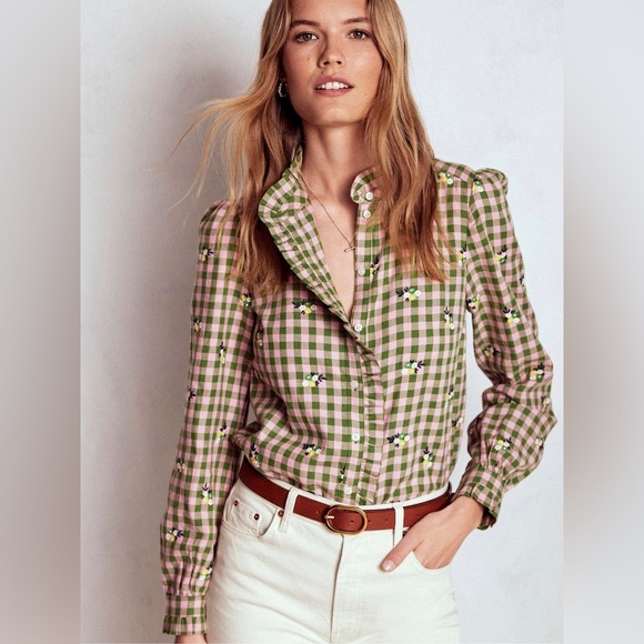 Boden Tops - Boden Helena Brushed Cotton Ruffled Gingham and Floral Embroidered Blouse -US 8